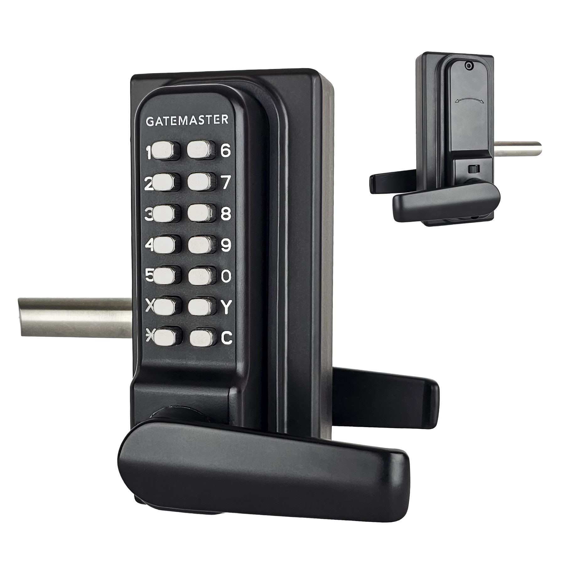 black keypad lock showing front and back