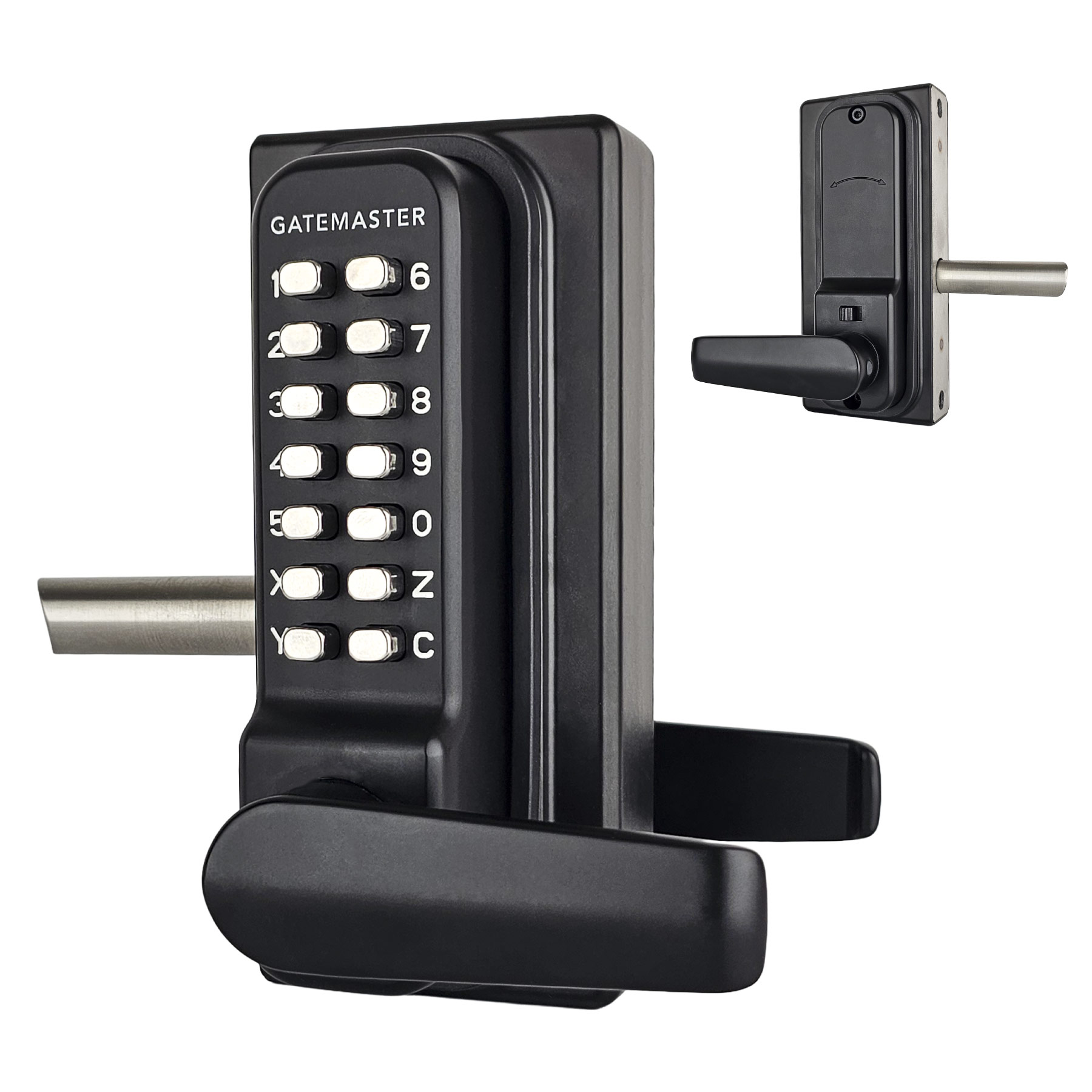 Black gate lock with keypad and handles also image shows other side of gate lock without the keypad