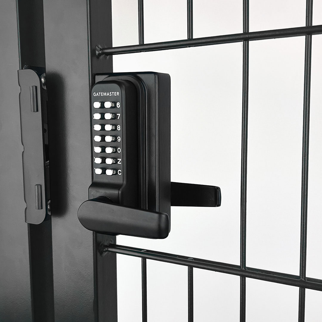 double-sided gate lock on black metal gate