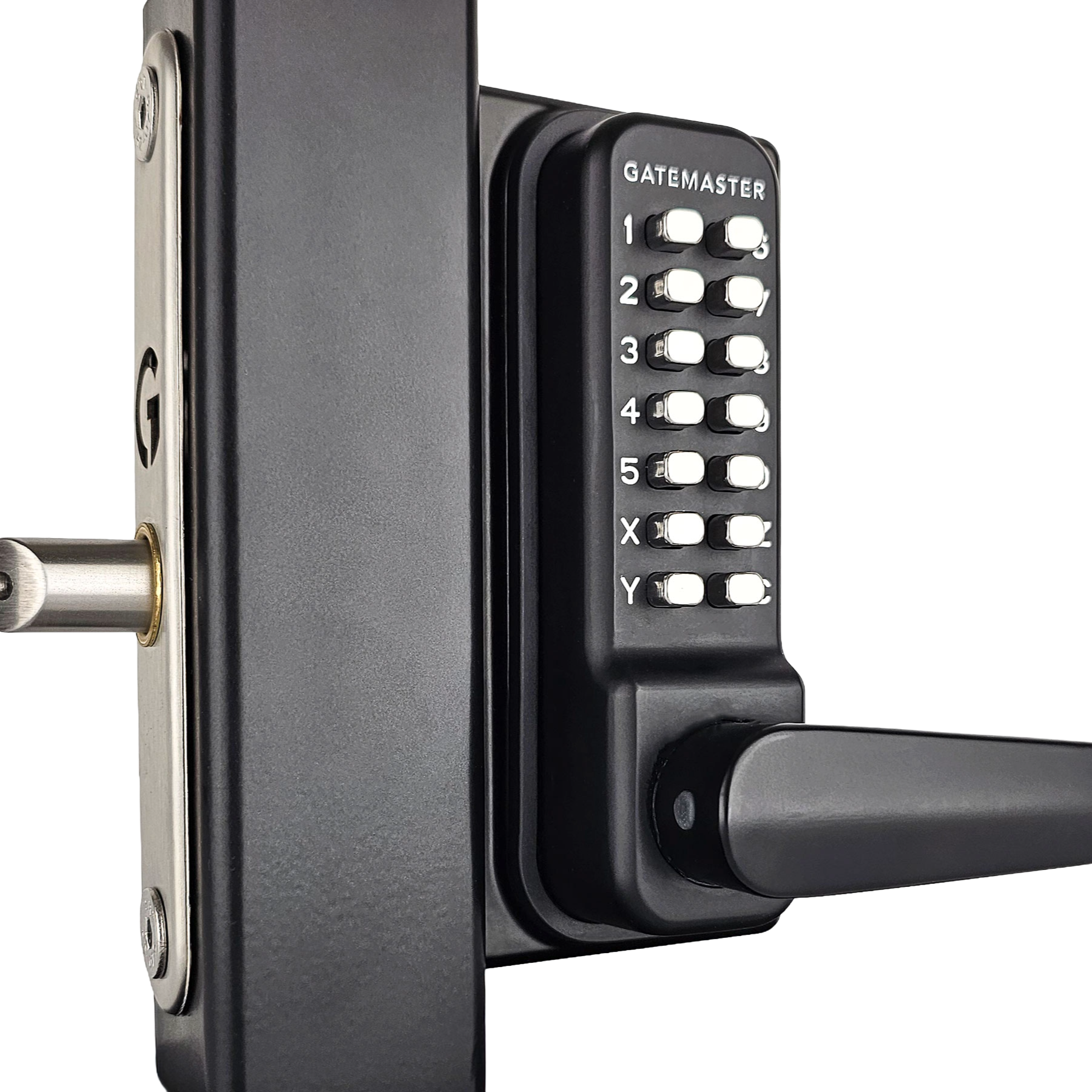black gate lock with keypad access on gate post