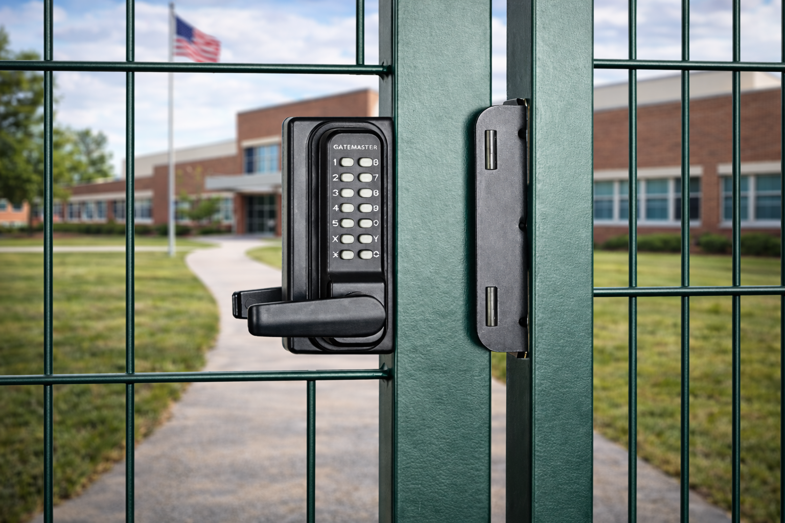 rapid reset gate lock in gate with U.S flag in the background, American Fence Association banner
