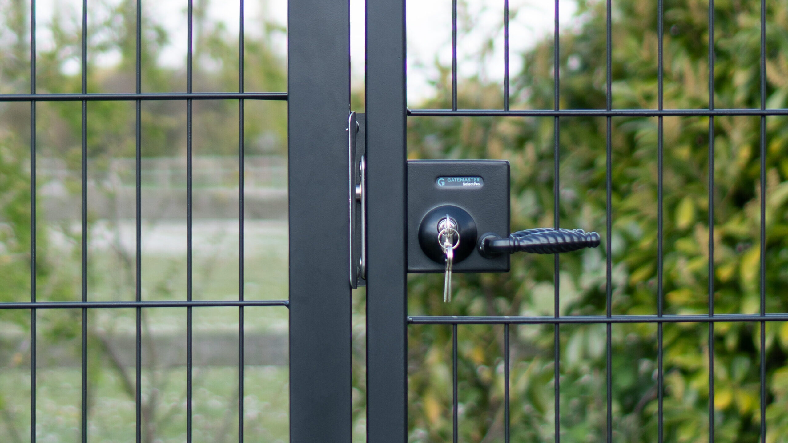 gate lock with twisted handles in metal gate frame
