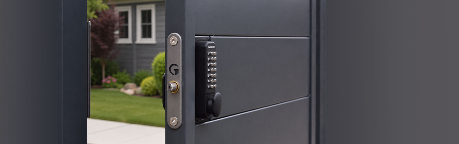 Gate lock on gray metal fence with end plate