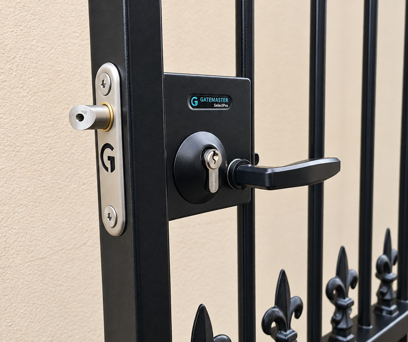 gatemaster branded keyed latch deadlock on a metal gate